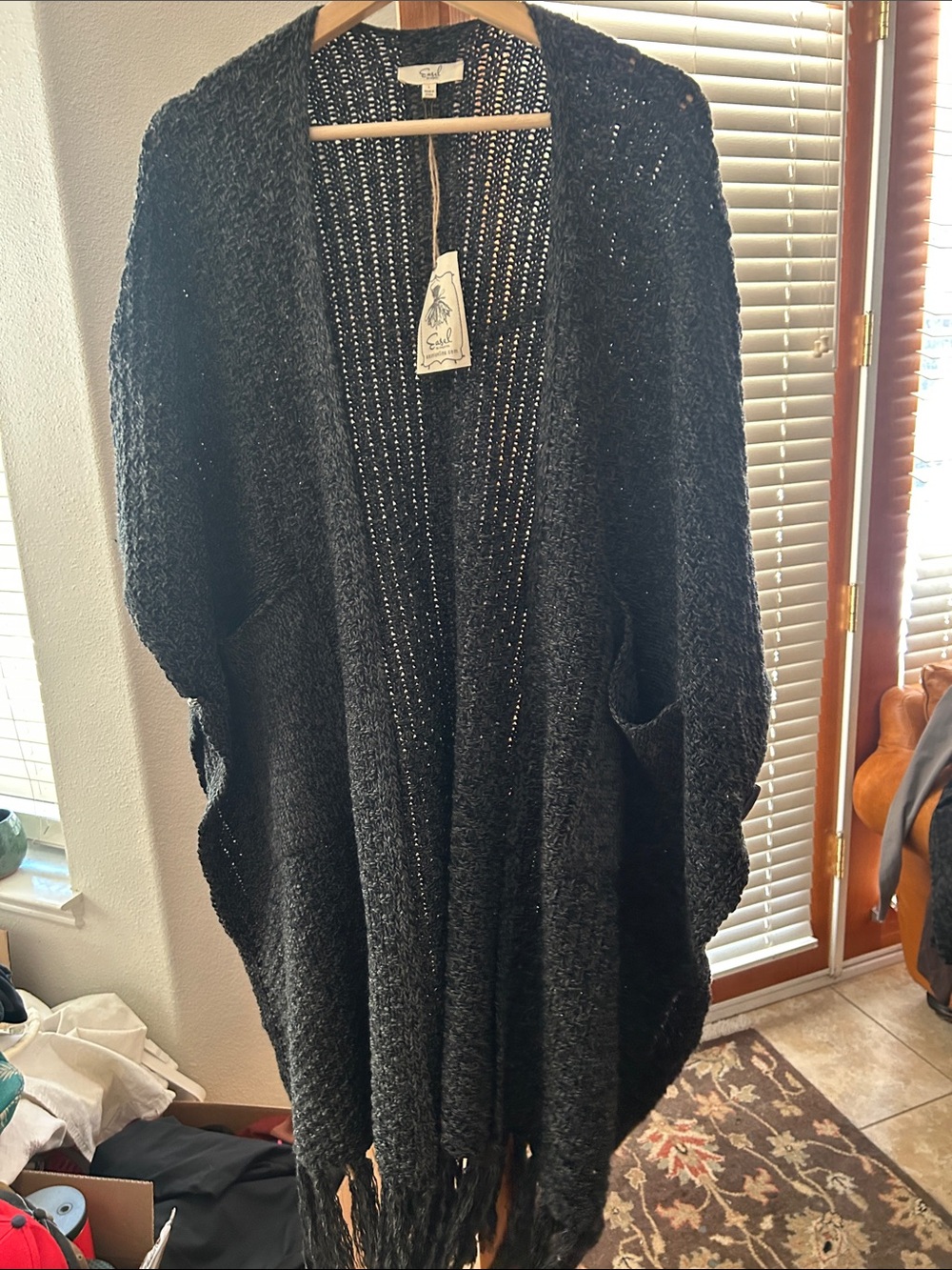 Easel Cozy Open-Front Fringe Cardigan Sweater - Black NWT